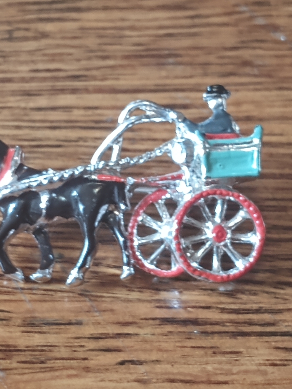 Vintage-Inspired Horse Carriage Enamel Brooch in Black, Red & Turquoise